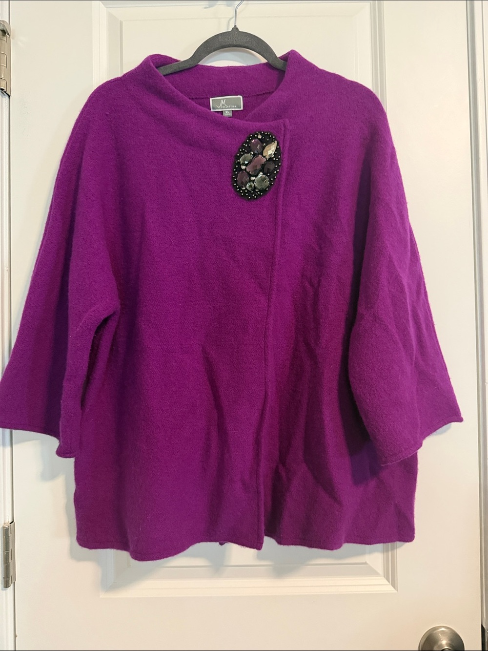 Magaschoni Vibrant Fuchsia Wool Blend Cape with Embellished Brooch